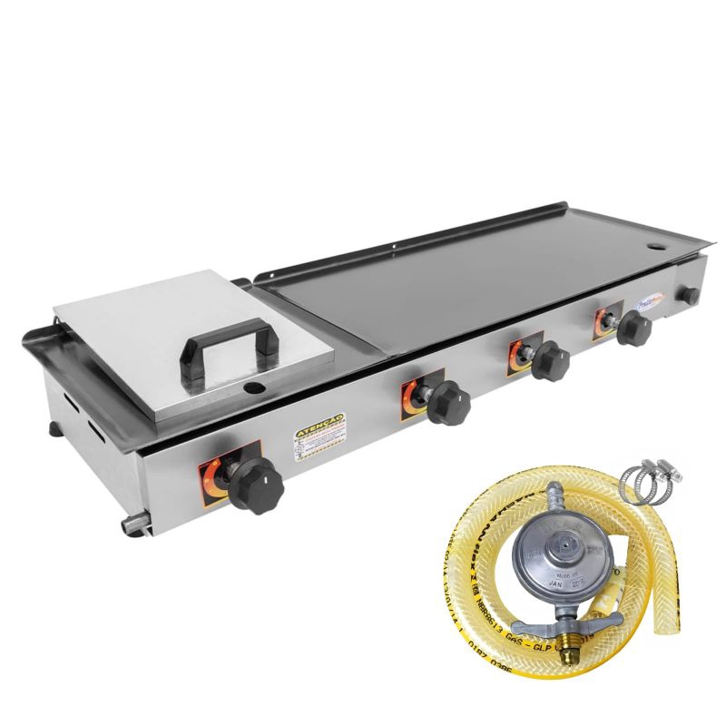 Chapa Chapeira Lanche Hambúrgueria 97x30 Com  Prensa Inox Kit Gás em Oferta na Shopee