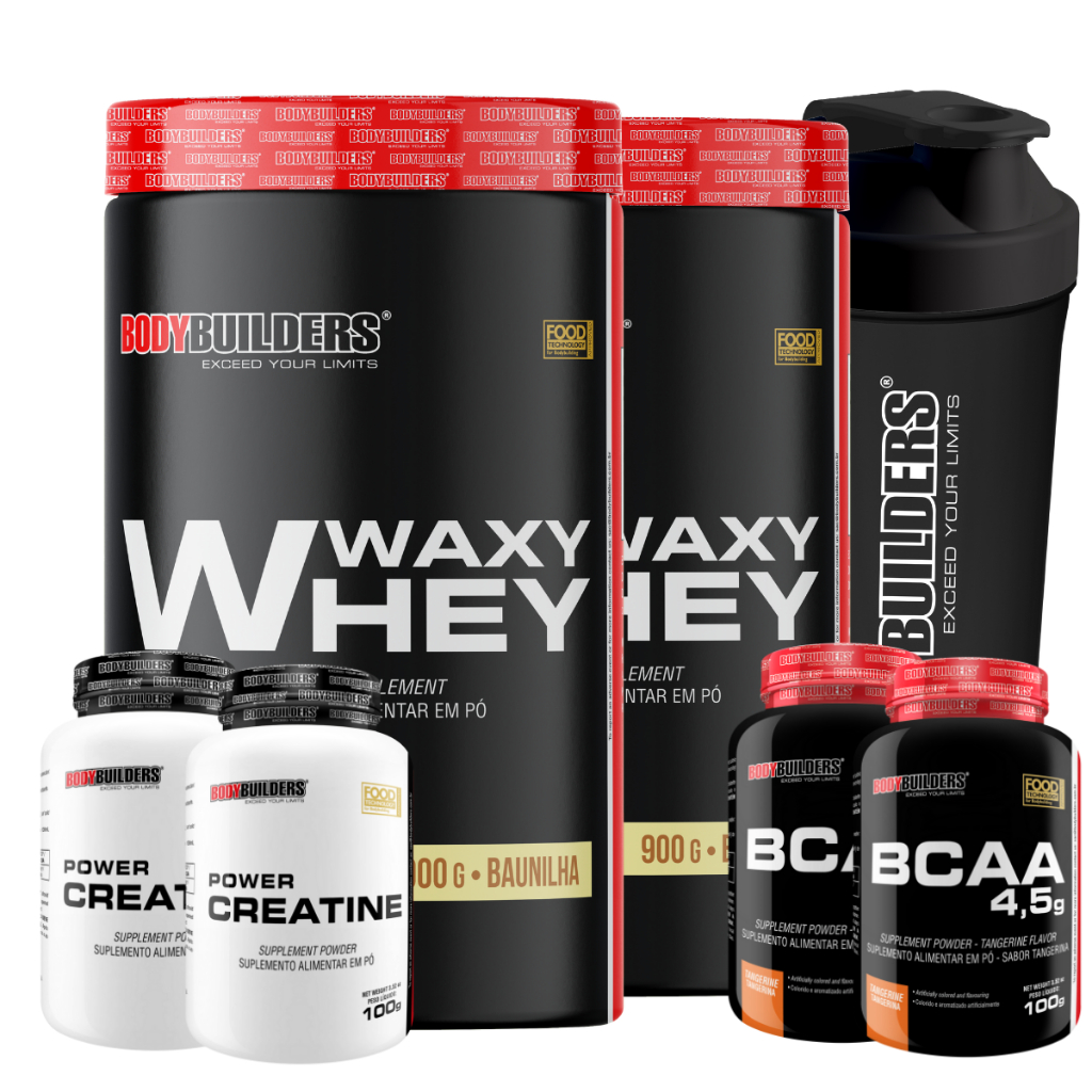 Kit 2x Top Whey Protein 900g + 2x Bcaa 4,5 100g + 2x Creatina 100g + Coqueteleira - Bodybuilders - Health