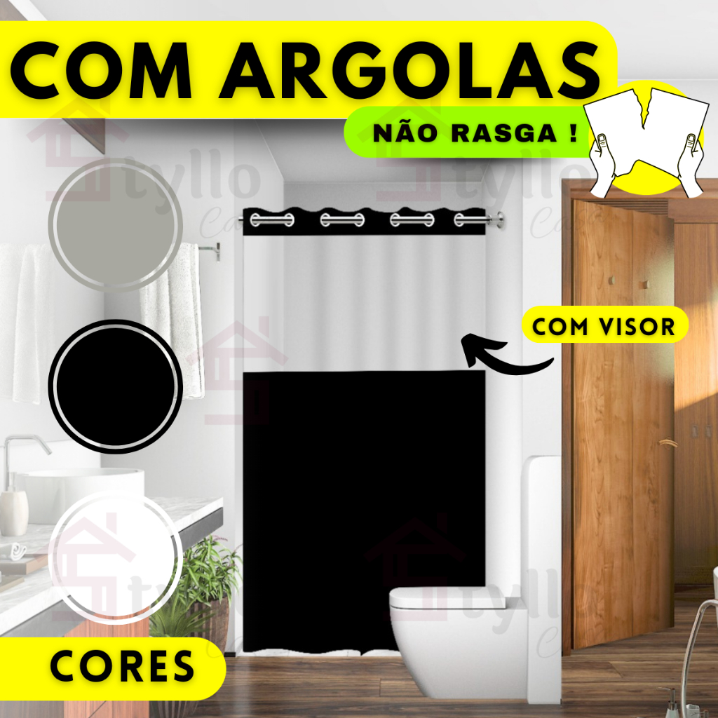 Cortina de Banheiro com Visor Transparente em PVC Cortina de Box Banheiro Antimofo Preta Branca Cinza