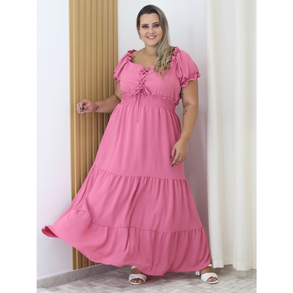 Vestido longo gola quadrada duna 48-56 com elastico na cintura mangas de boneca e alças ajustáveis 9822