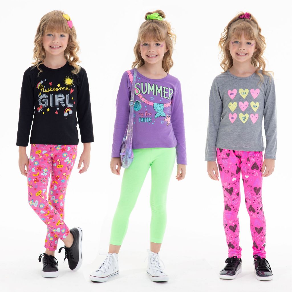 Kit Sortido 6 Peças de Roupas Feminino Infantil Inverno e meia estação – 3 camisas manga longa + 3 calças legging