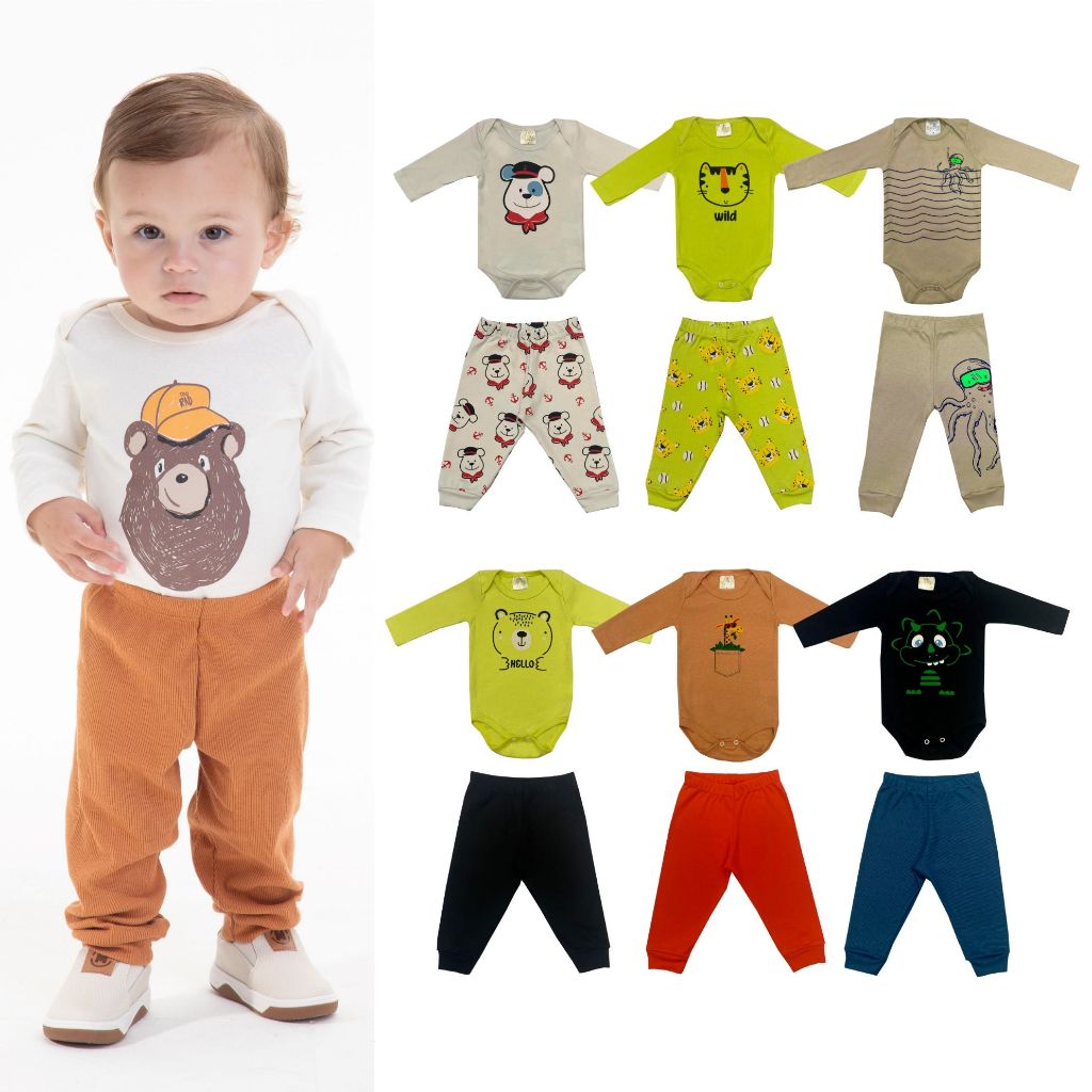Kit 10 Peças de Roupas para Bebê Menino Inverno 5 body +5 calças/mijão - Promoção