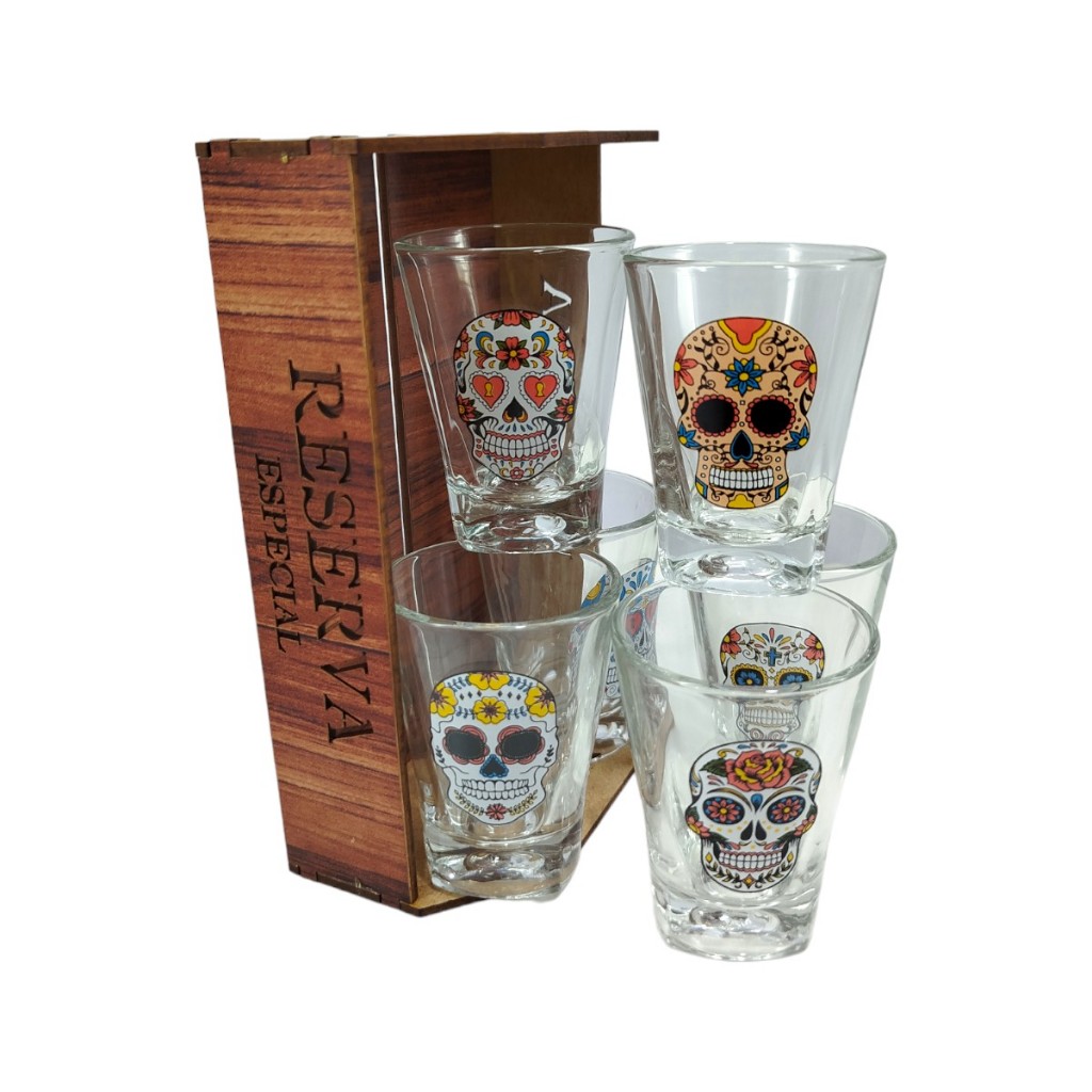 Kit 6 Copos Shot 60ml Cachaça/tequila/licor/pinga - Caveiras Mexicanas com bandeja