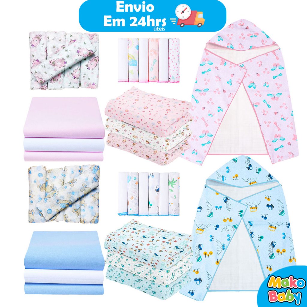 Kit Enxoval de bebê 18 peças - Toalha de Banho Forrada em Fralda Bebe Babete Cueiro Fralda de pano