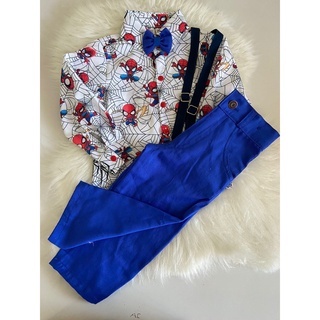 Conjunto Menino Infantil Temático Manga Longa Homem Aranha +Gravata +Calça Azul +Suspensório