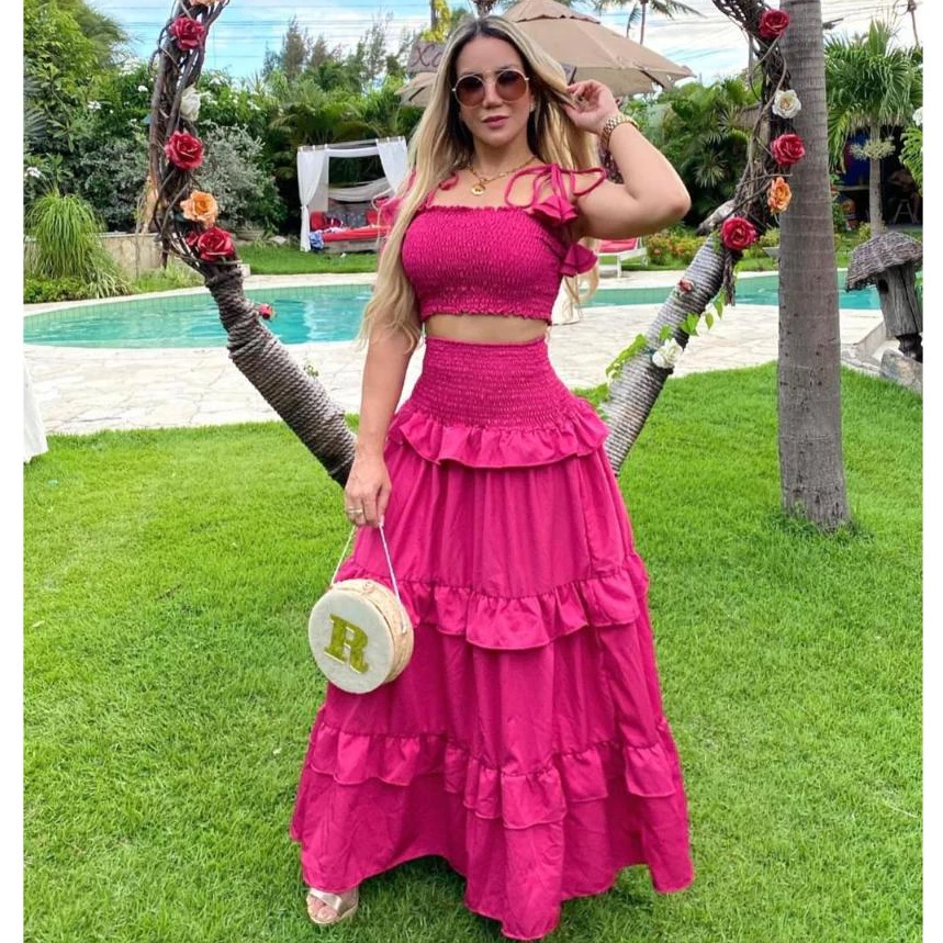 Conjunto Saia Longa e Cropped Plus Size e Slim