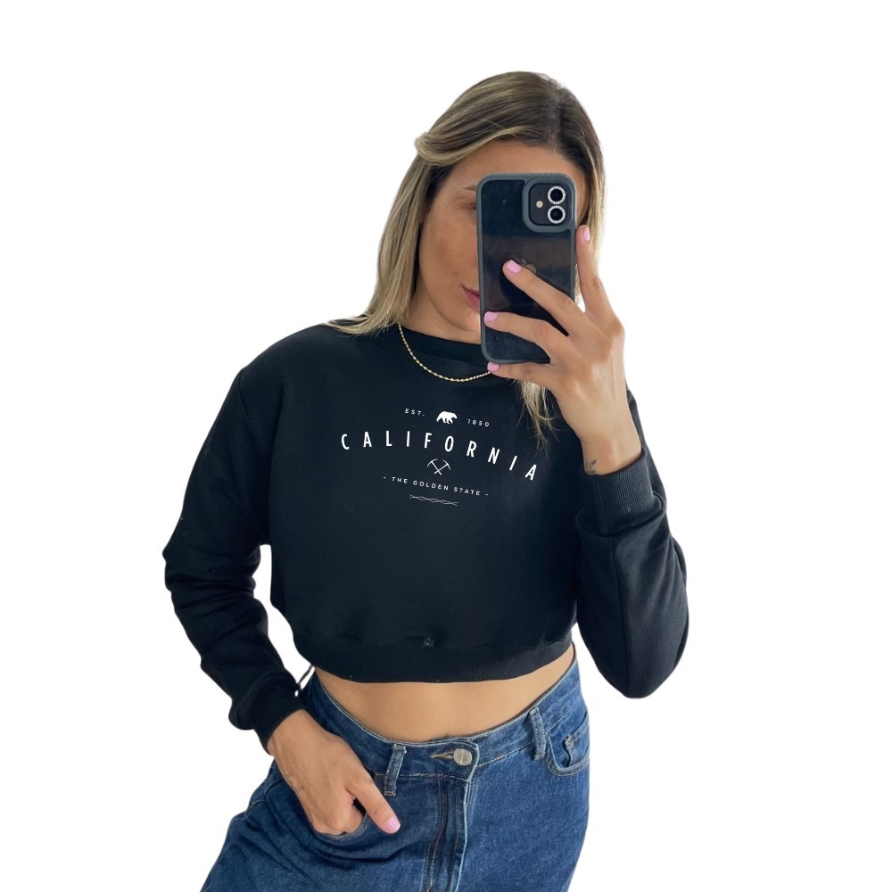 Casaco De Frio Manga Longa Cropped Moletom Blusinha Estilosa Curta Estampada California Golden State