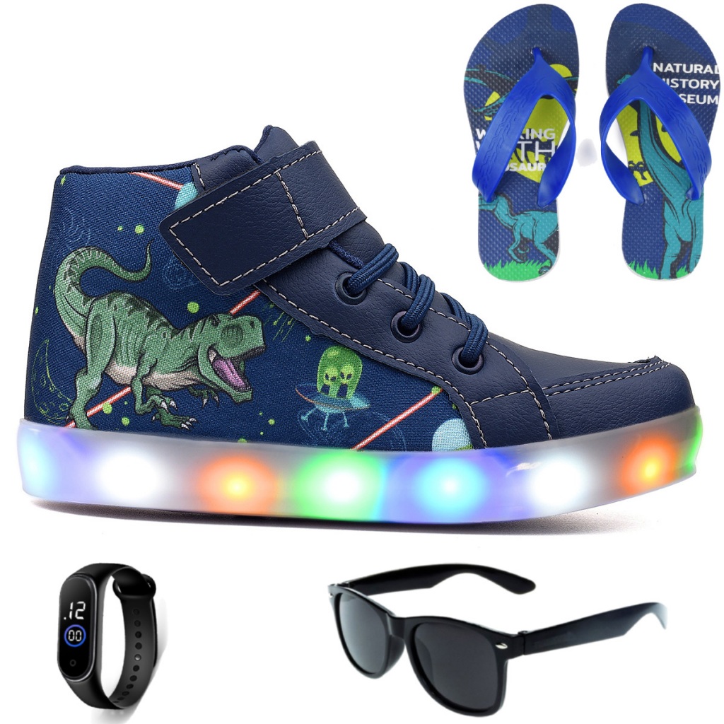 kit Tênis Masculino Infantil De Led Meninos Botinha Dinossauro + Chinelo + Óculos e Relógio Linkito