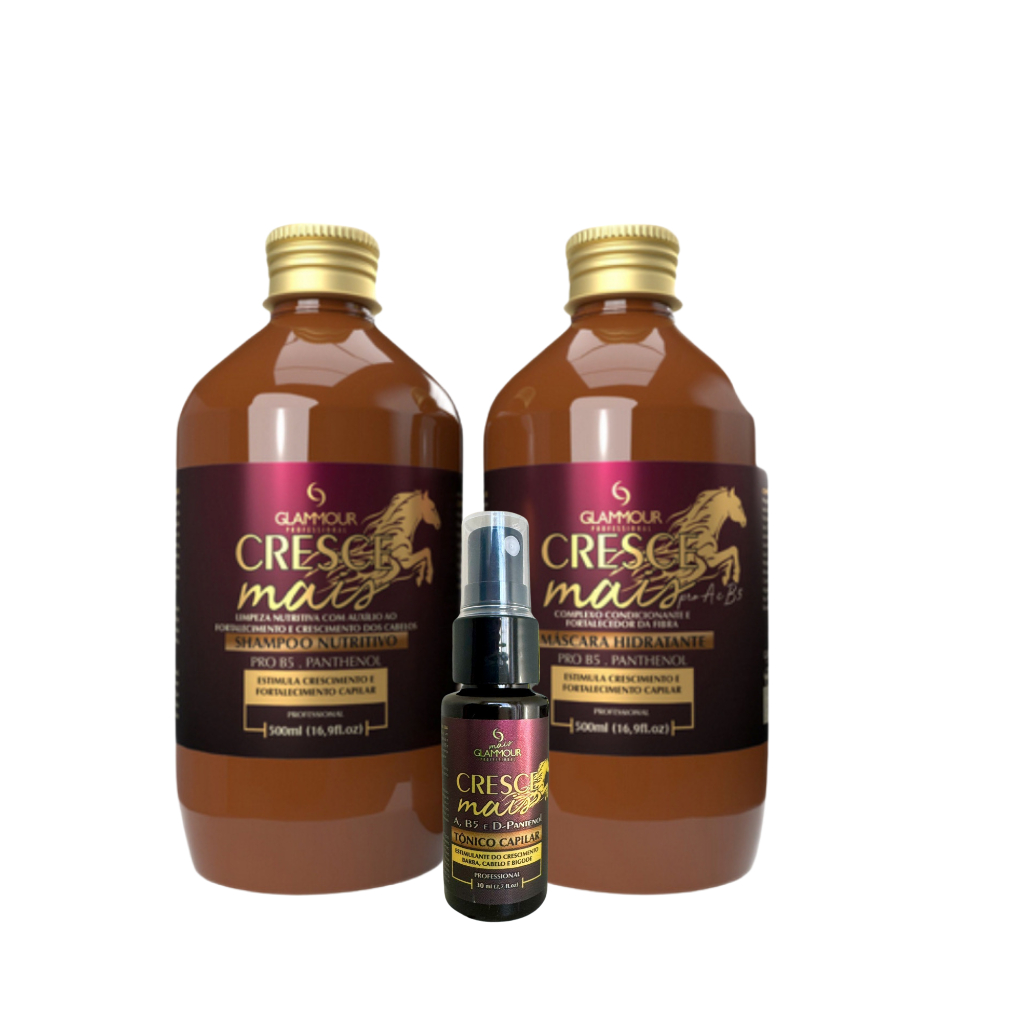Kit Capilar Cresce Mais com 3 Itens Shampoo + Mascara + Tonico Antiqueda e Fortalecimento Glammour