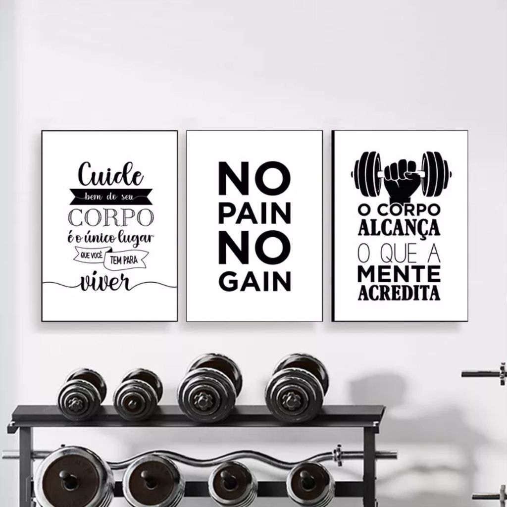 kit 3 quadros decorativos mdf 95x50 full hf 4k academia musculação motivação fitness