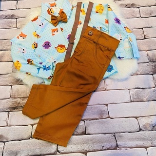 Conjunto Menino infantil Temático Manga Longa Luxo Bolofofo Com Calça + Suspensório + Gravata
