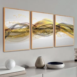 Kit 3 Quadros Decorativos Com Moldura Sala Quarto 40x60 cm Moderno Grande Abstrato Luxo Gold