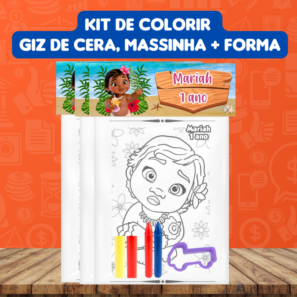 Kit de Colorir Moana Baby com Giz de cera massinha e forma - Lembrancinha personalizada