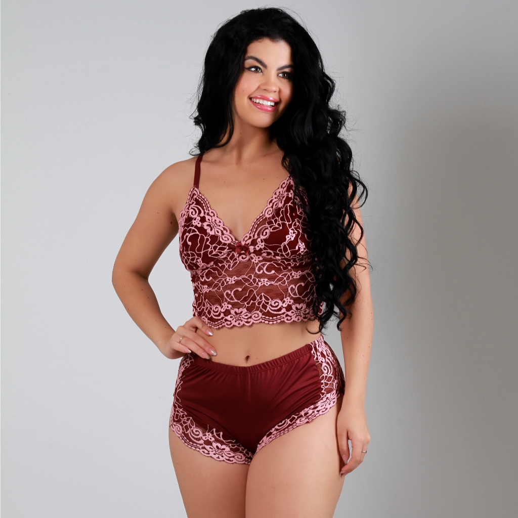 Baby Doll em Renda Bicolor Pijama Dormir Confortável e Fresquinho Blusinha e Shortinho