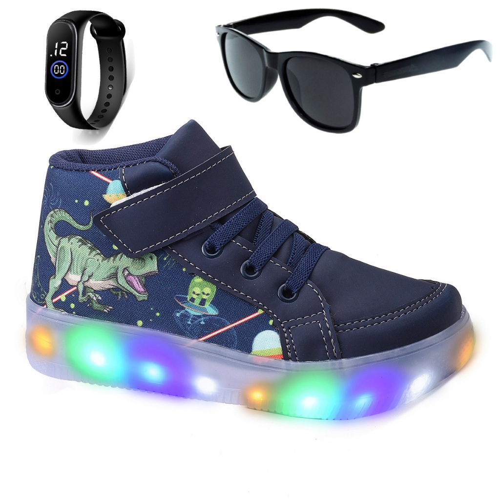 kit Tênis Masculino Infantil De Led Meninos Botinha Dinossauro + Óculos e Relógio Linkito