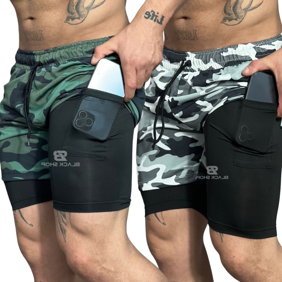 KIT 2 Short 2 em 1 Dry CAMUFLADO Bermuda Compressão Academia Treino Corrida Com Elastano