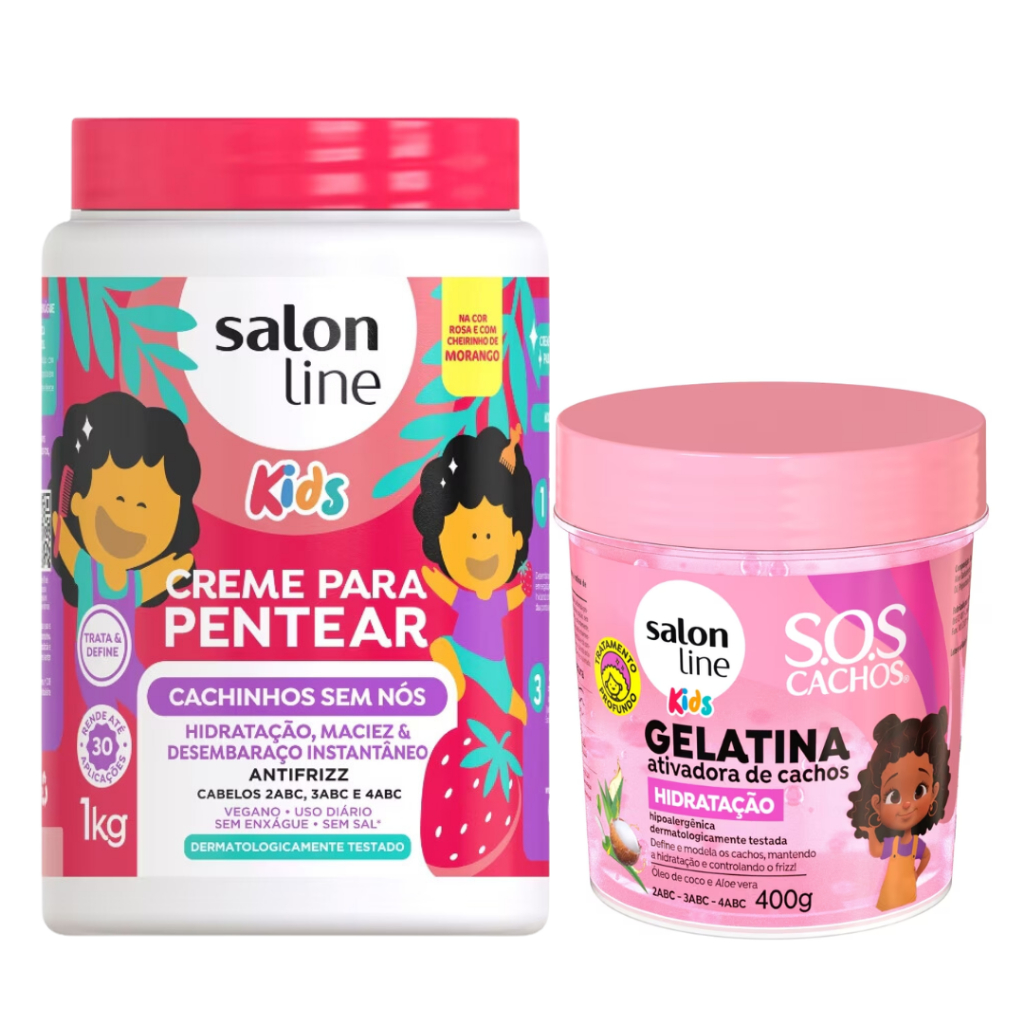 KIT Salon Line Kids - Creme para Pentear Cachinhos Sem Nós Morango 1kg + Gelatina Ativadora de Cachos SOS Cachos Kids Hidratação 400g