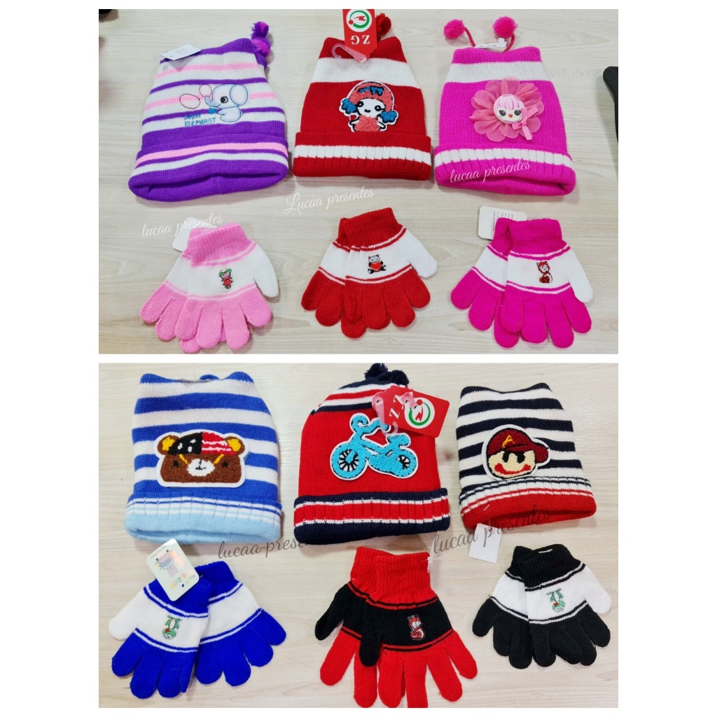 Conjunto touca Gorro  + luva infantil inverno grossa estampado quentinho