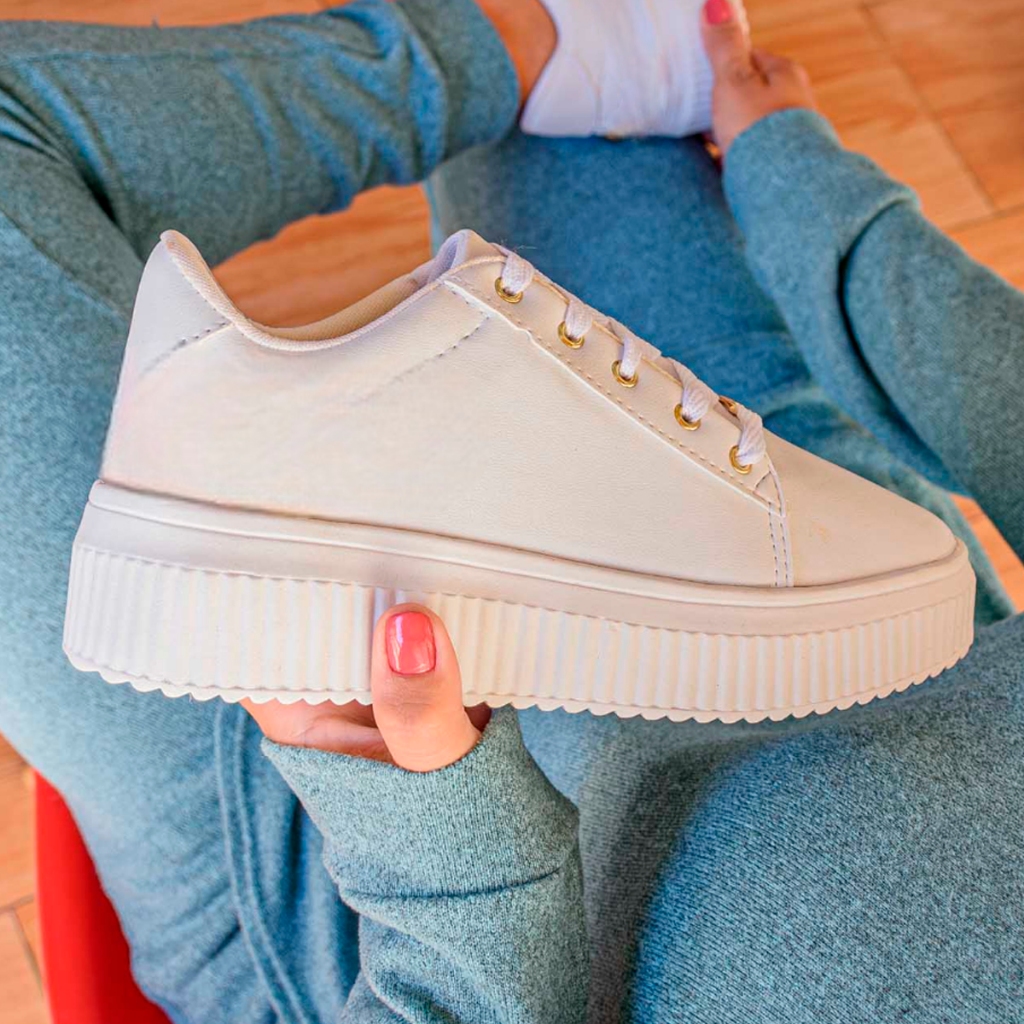Tênis Feminino Caixa Alta Branco Tendência com Cordão para melhor Conforto e Ajuste Ref: 1.100