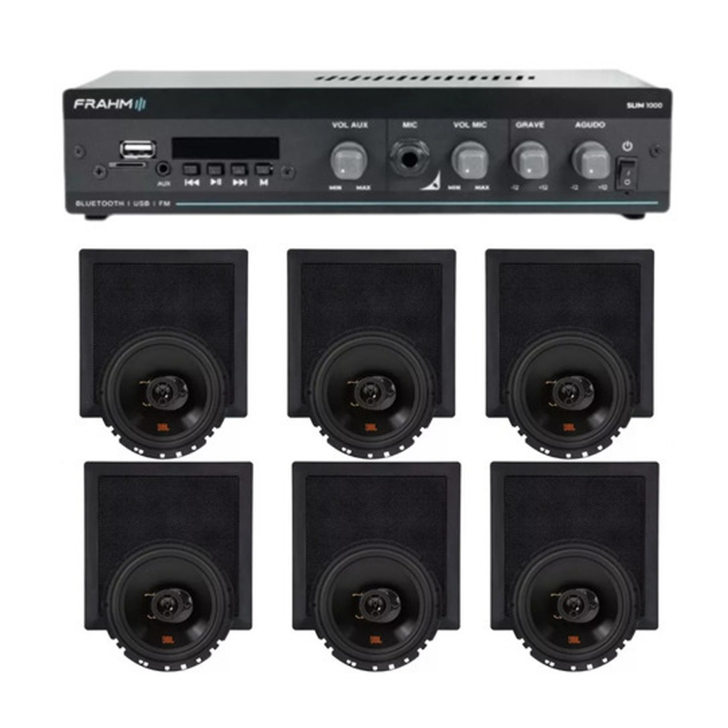 Receiver Frahm + 6 Arandela Quadrada Jbl Flex6 Embutir 370w Branco Preto