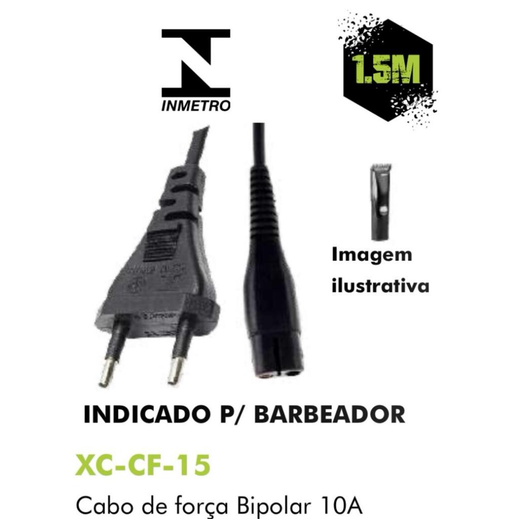 Cabo Carregador p/ Barbeador 2 Pinos Mini Tipo 8 Bipolar 10A 1.5m Bivolt 110/220V X-Cell XC-CF-15