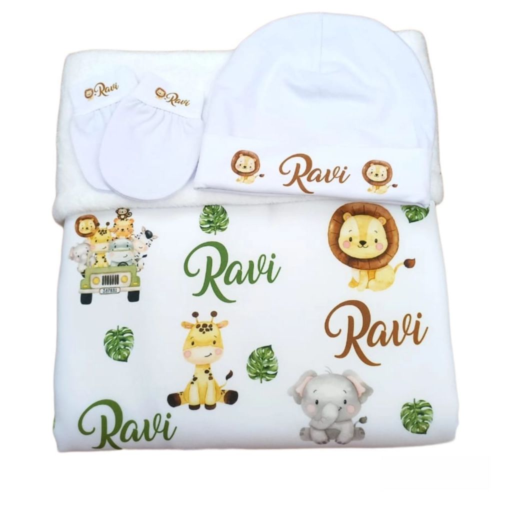 kit manta touca e Luvas  personalizados com nome do bebê menino menina