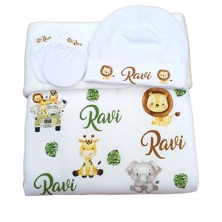 kit manta touca e Luvas  personalizados com nome do bebê menino menina