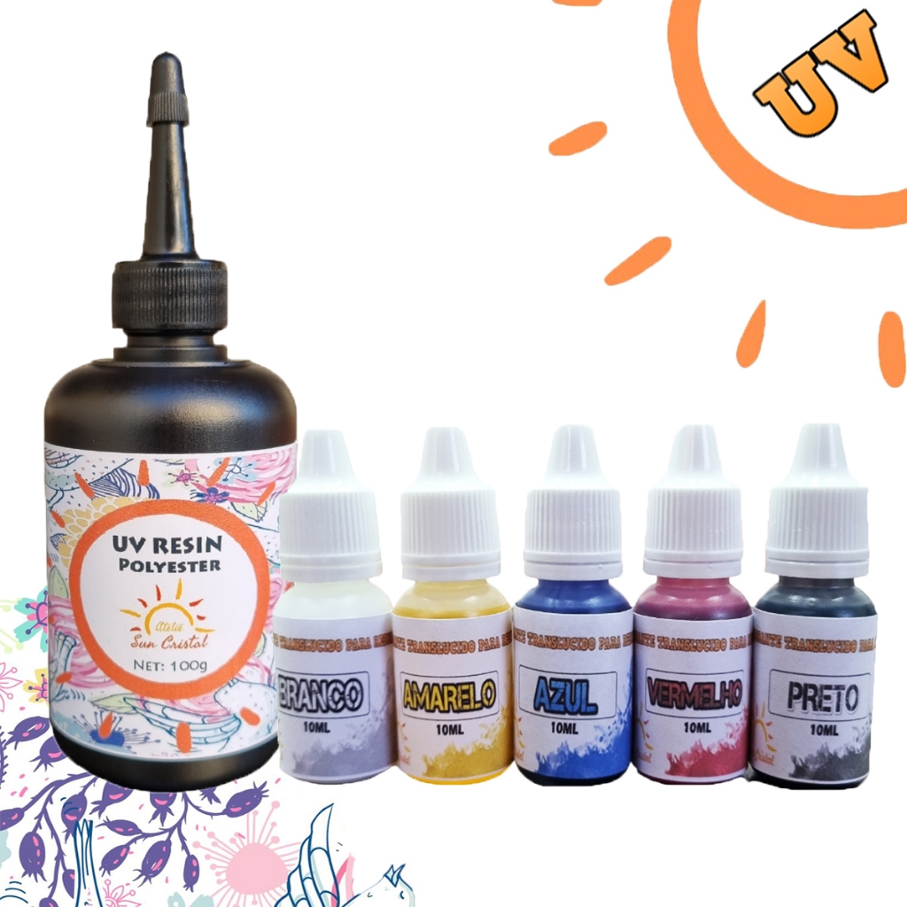 Kit Resina Uv Suncristal Poliéster 100g e 05 Corantes para Artesanato SunCristal