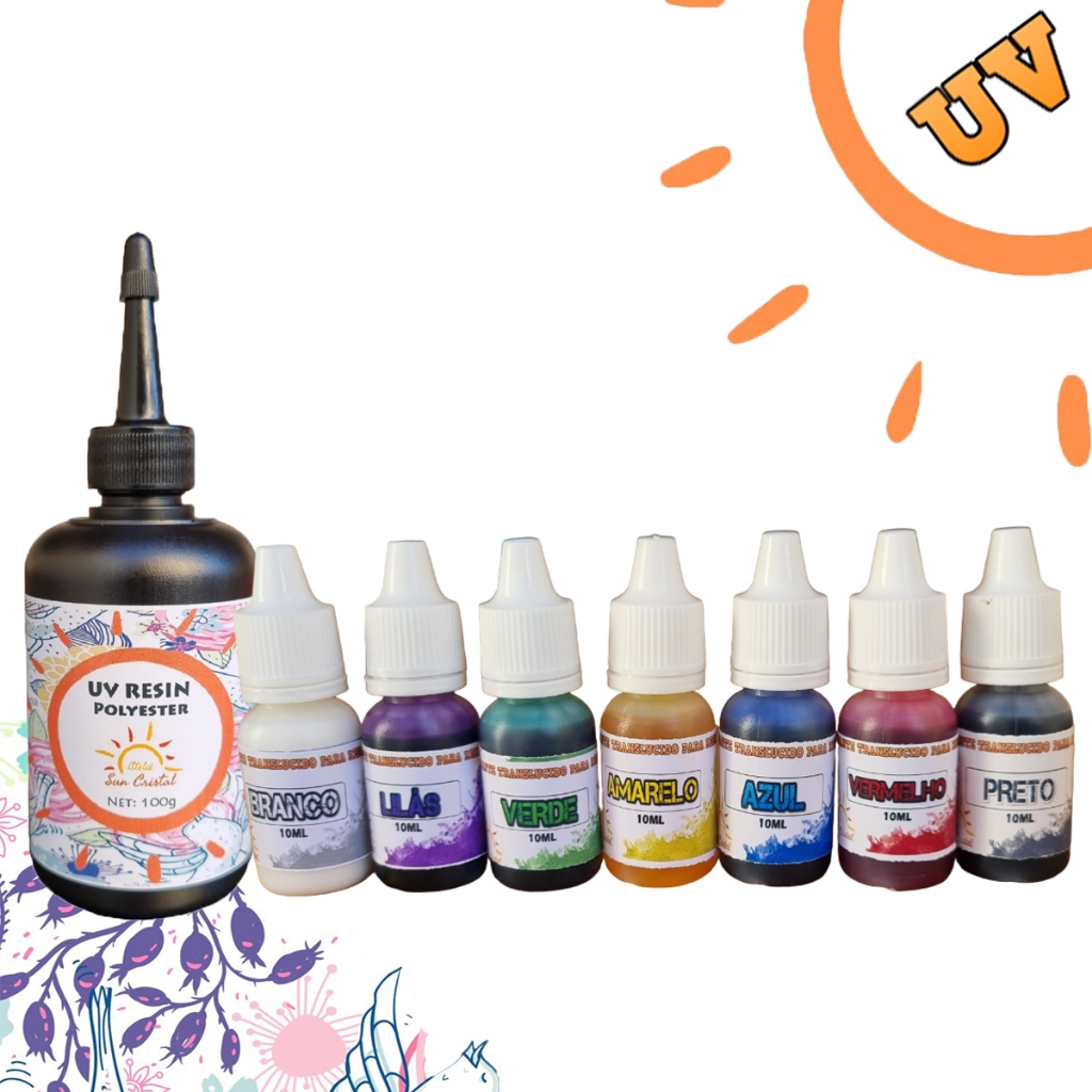 Kit Resina Uv Suncristal Poliéster 100g e 07 Corantes para Artesanato SunCristal