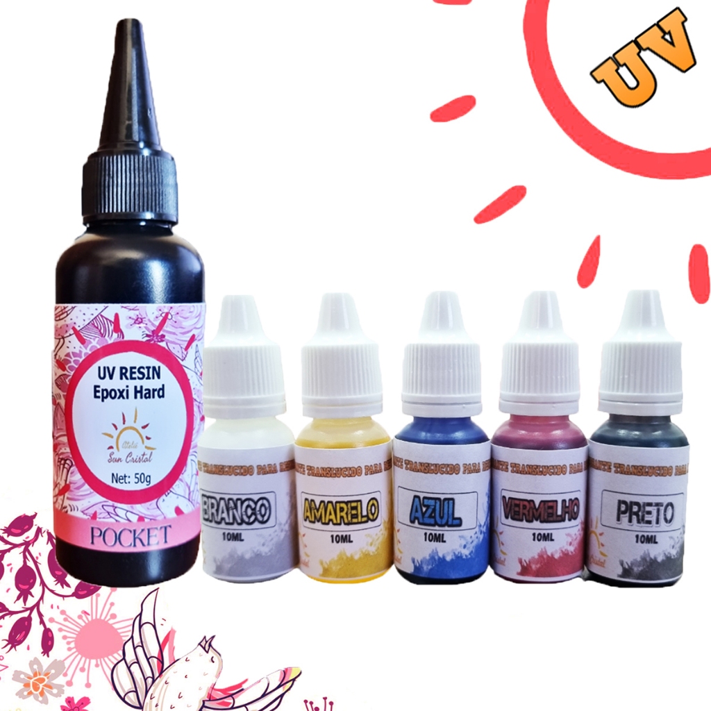 Kit Resina Uv Epóxi Hard e 05 Corantes para Artesanato Suncristal