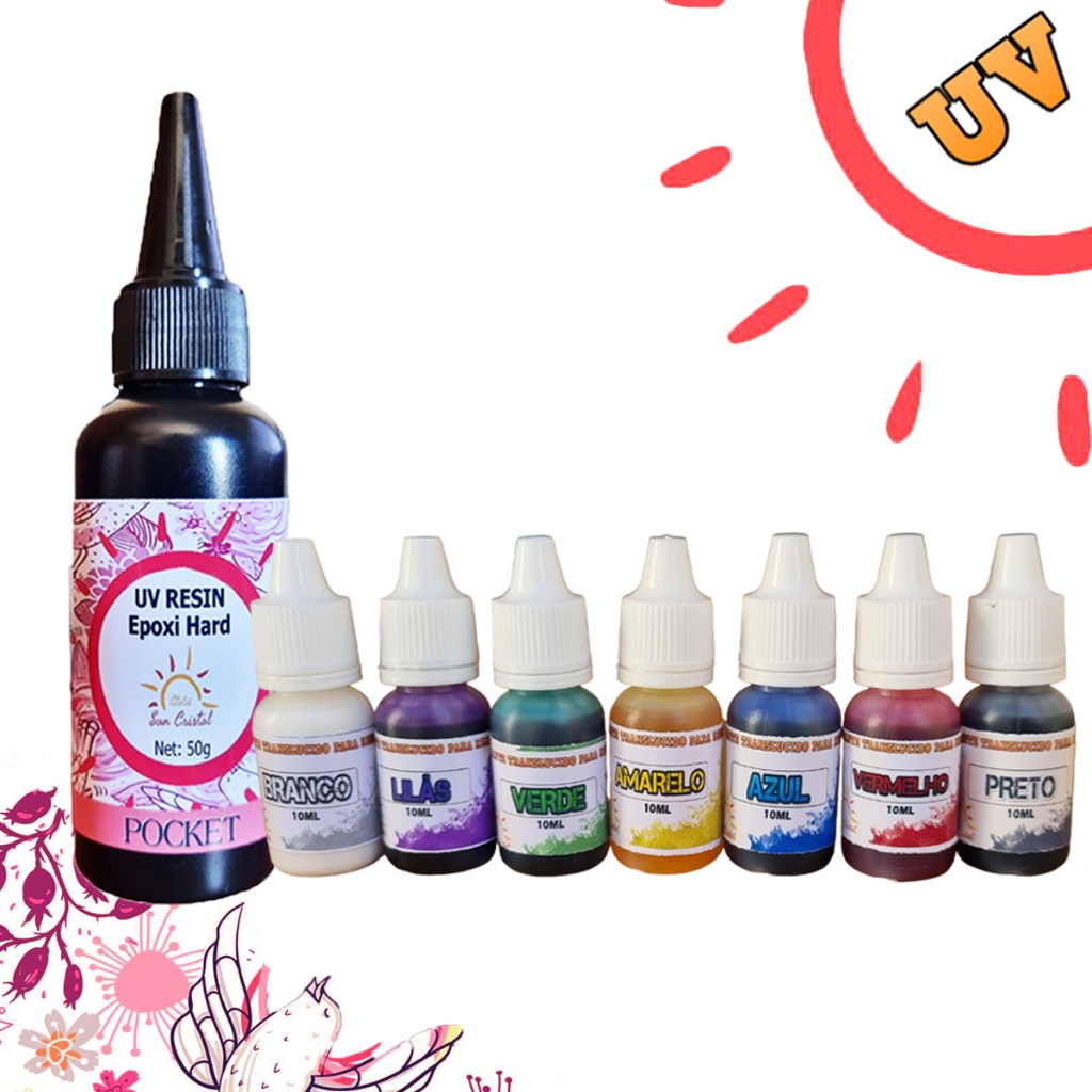 Kit Resina Uv Epóxi Hard e 07 Corantes Suncristal para Artesanato