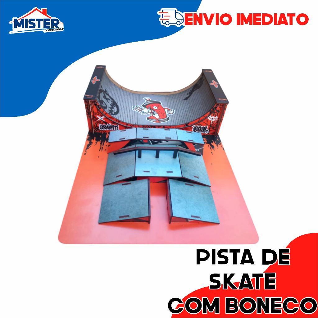 Pista De Skate Dedo COM Boneco MDF ADESIVADO Skate Park Rampa - Brinquedos De Dedo Fingerboard - laranja