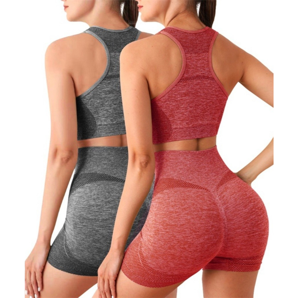 2 Peças Conjunto Academia Fitness Feminino Leggings Top  Shorts Levanta Bumbum