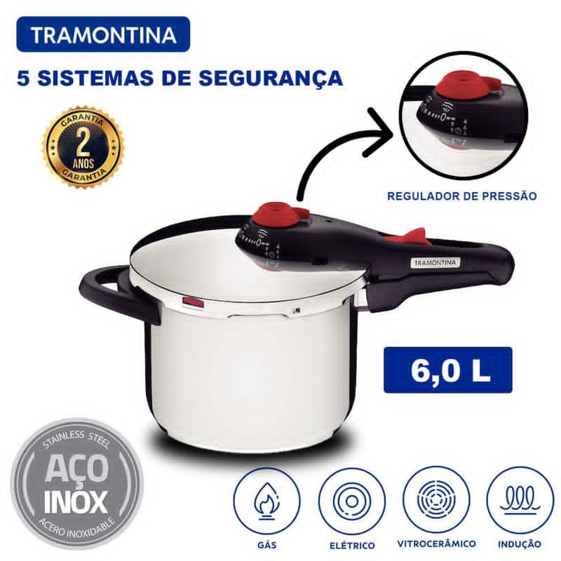 Panela de Pressão Tramontina Solar em Aço Inox Fundo Triplo com 5 Dispositivos de Segurança  6 Lts