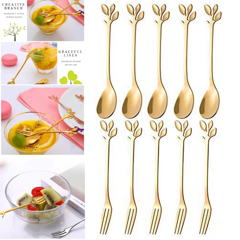 Kit jogo 10 Peças Colher garfo de sobremesa Criativo De Aço Inoxidável Talheres De dourado...