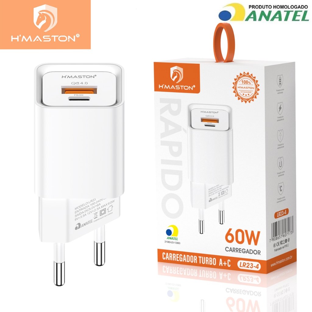 H'maston LR23-4 Carregador Turbo Celular Tipo-c PD 30w Usb-C Qc4.0 Original - Mobile & Gadgets
