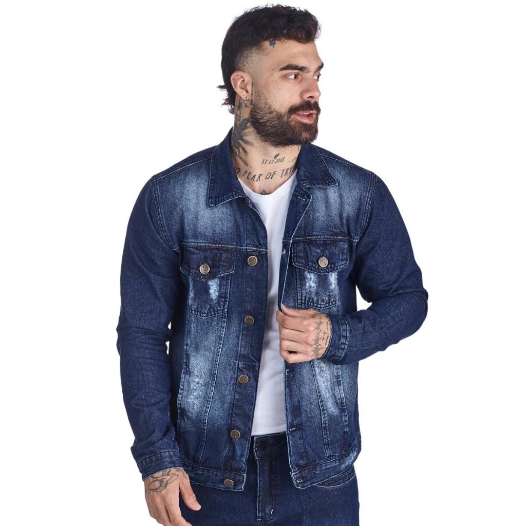 Jaqueta Jeans Masculina Azul Denim Estilosa Destroyed Leve Premium