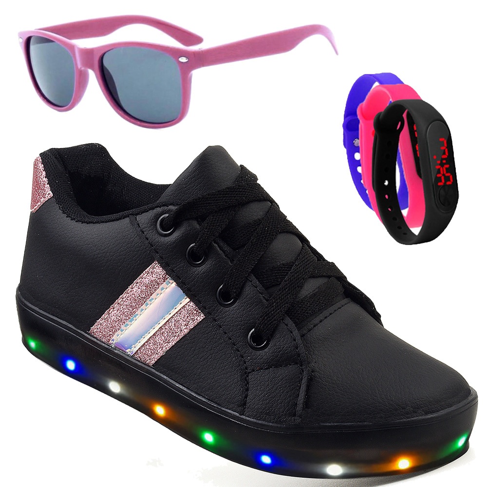 Kit Tenis Preto De Led Feminino Para Crianças Moda Casual Infantil Original + Óculos e Rel...