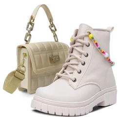 Kit Bolsa Pulseira E Coturno Bota Feminina Menina Infantil Tratorado K11
