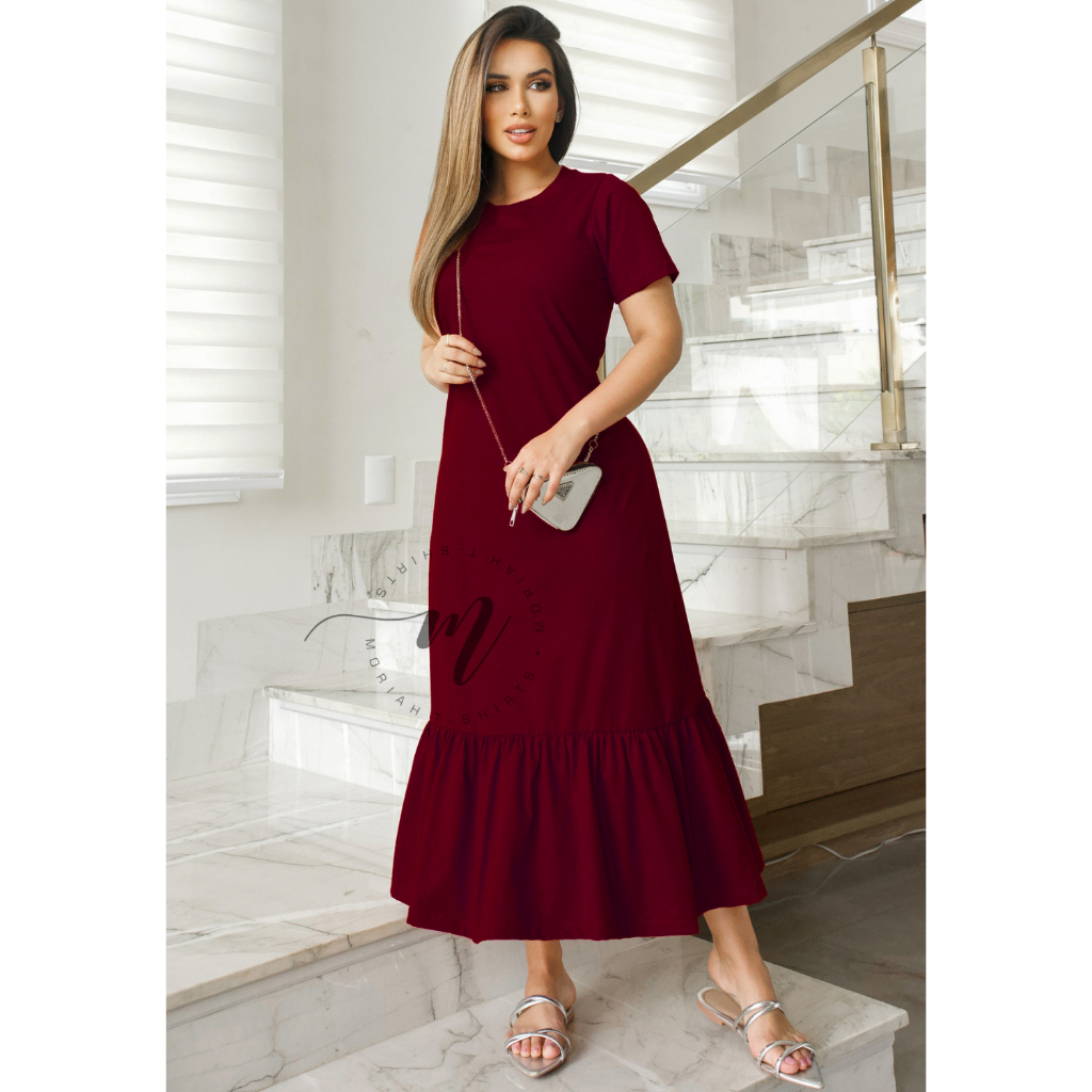 Vestido Feminino Midi com Babado | Moda Elegante e Casual | Manga Curta | Básico e Confortável | 100% Algodão Penteado Premium Menegotti | Vestidos Estilosos | Alta Qualidade e Conforto | Perfeito para Qualquer Ocasião