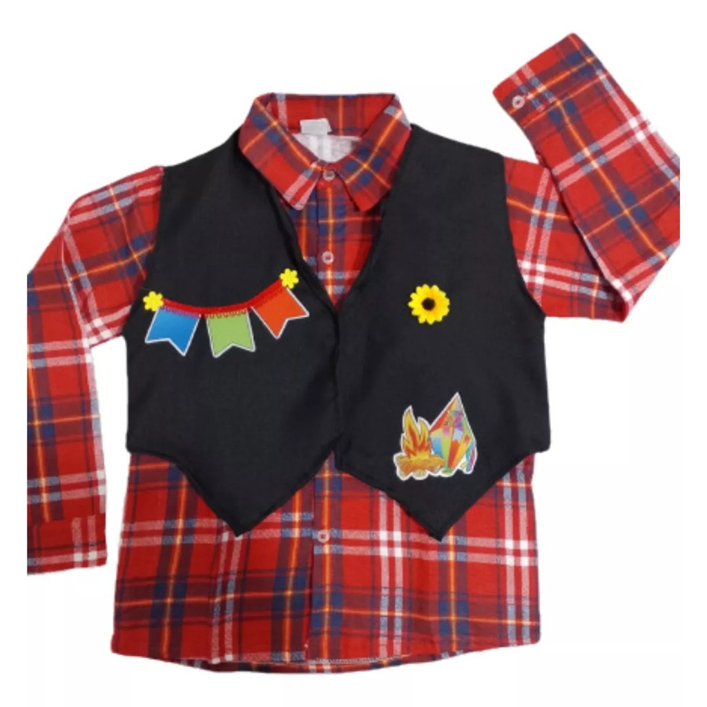 Roupa Infantil Caipira Menino De Festa Junina Camisa Xadrez C/ Colete Junino Temático São João Arraial
