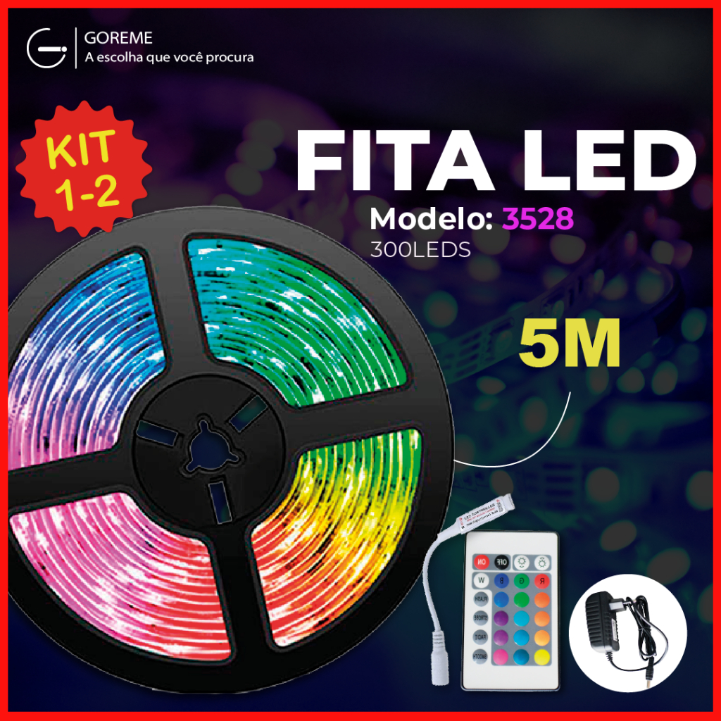Fita LED 3528 SUPER LED ULTRA RGB 5M 12V 300 LEDS | 16 CORES IP20 Pronta Entrega Com e Sem Fonte em Oferta na Shopee