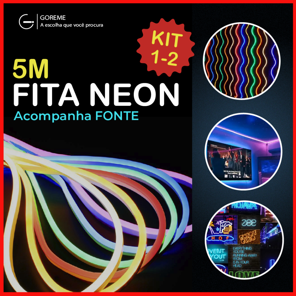 Fita LED Neon RGB 12V 5 Metros Mangueira Flexível + Controle + Fonte 36W em Oferta na Shopee