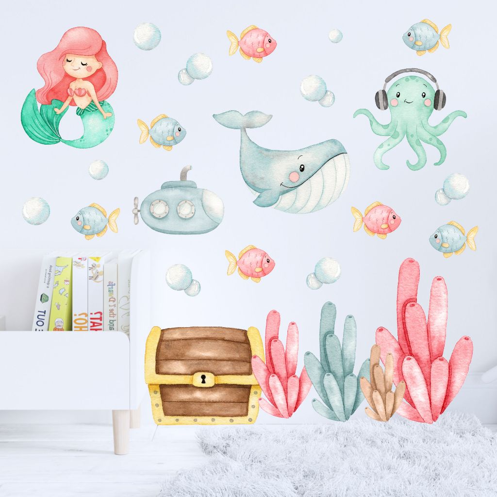 Adesivo De Parede Infantil Fundo Do Mar Sereia Menina Box Banheiro Peixes Quarto Menino Menina em Oferta na Shopee