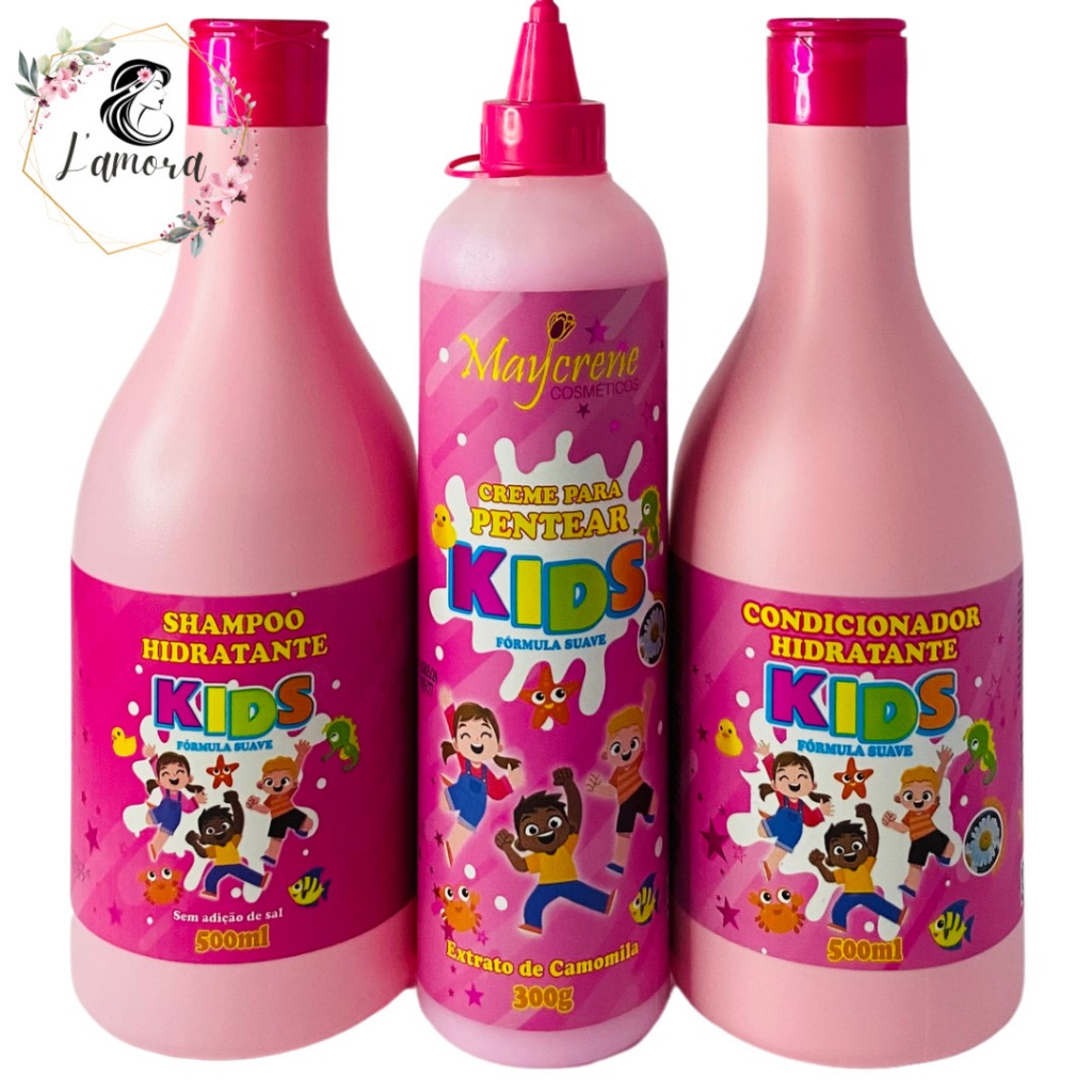 Kit Kids Hidratante Feminino (Shampoo 500ml + Condicionador 500ml + Creme de Pentear 300ml ) Maycrene