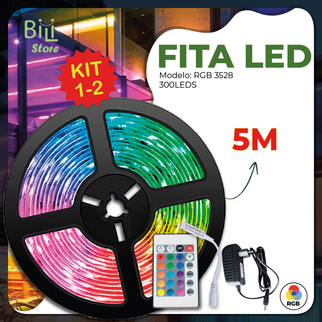Fita LED 3528 SUPER LED ULTRA RGB 5M 12V 300 LEDS | 16 CORES IP20 Pronta Entrega Com ou Sem Fonte em Oferta na Shopee