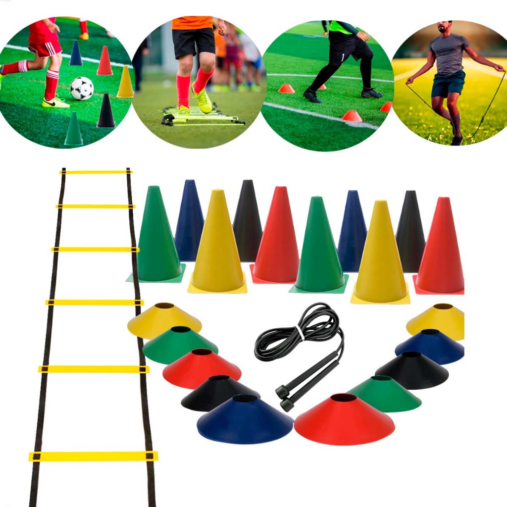 Kit Funcional Agilidade Escada Treino + 10 Cones + 10 Pratos + Corda de Pular Futebol Academia