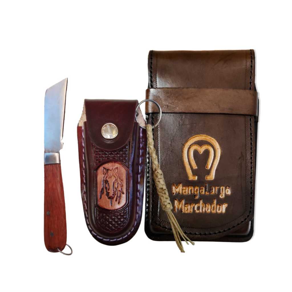 Bainha Com Canivete de Bolso + Capa de Celular Mangalarga + Chaveiro Couro Crú