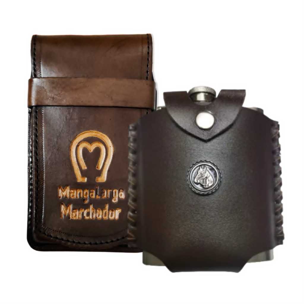 Cantil Porta Whisky Bebida Em Aço Inox Capa De Couro Couro Country Para Celular