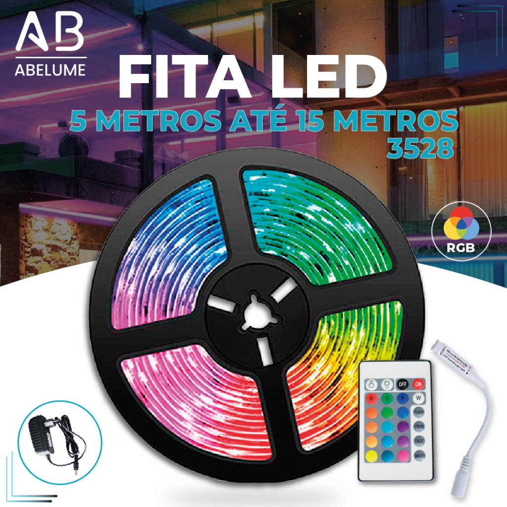 Fita LED 3528 SUPER LED ULTRA RGB 5M até 15M 12V 300 LEDS | 16 CORES IP20 Pronta Entrega Com e Sem Fonte em Oferta na Shopee